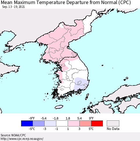 Korea Mean Maximum Temperature Departure from Normal (CPC) Thematic Map For 9/13/2021 - 9/19/2021