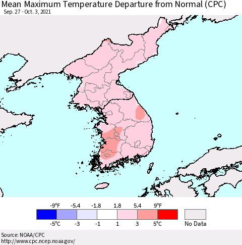 Korea Mean Maximum Temperature Departure from Normal (CPC) Thematic Map For 9/27/2021 - 10/3/2021