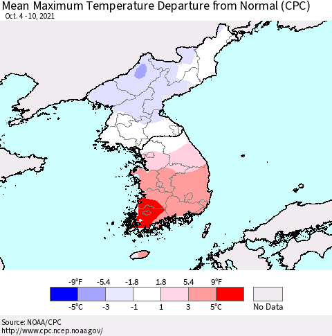 Korea Mean Maximum Temperature Departure from Normal (CPC) Thematic Map For 10/4/2021 - 10/10/2021