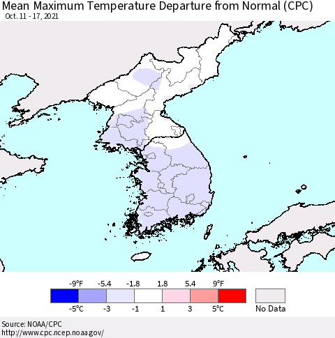 Korea Mean Maximum Temperature Departure from Normal (CPC) Thematic Map For 10/11/2021 - 10/17/2021