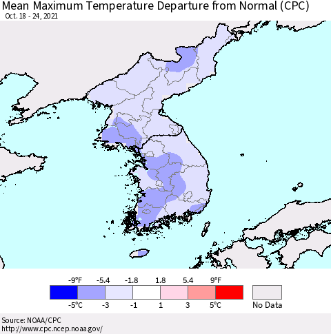 Korea Mean Maximum Temperature Departure from Normal (CPC) Thematic Map For 10/18/2021 - 10/24/2021