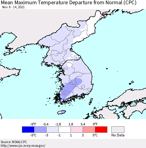 Korea Mean Maximum Temperature Departure from Normal (CPC) Thematic Map For 11/8/2021 - 11/14/2021