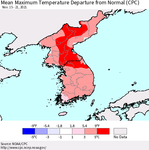 Korea Mean Maximum Temperature Departure from Normal (CPC) Thematic Map For 11/15/2021 - 11/21/2021