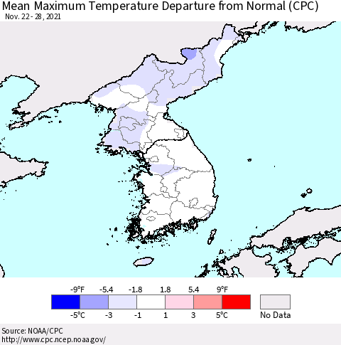 Korea Mean Maximum Temperature Departure from Normal (CPC) Thematic Map For 11/22/2021 - 11/28/2021