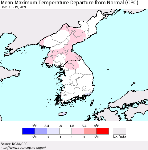Korea Mean Maximum Temperature Departure from Normal (CPC) Thematic Map For 12/13/2021 - 12/19/2021
