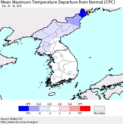 Korea Mean Maximum Temperature Departure from Normal (CPC) Thematic Map For 12/20/2021 - 12/26/2021