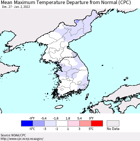 Korea Mean Maximum Temperature Departure from Normal (CPC) Thematic Map For 12/27/2021 - 1/2/2022