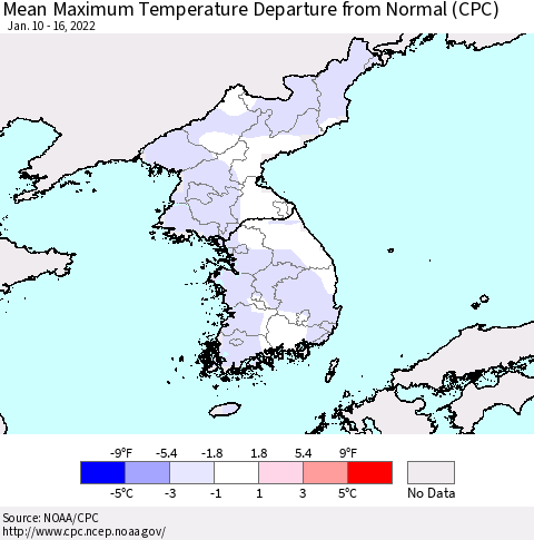 Korea Mean Maximum Temperature Departure from Normal (CPC) Thematic Map For 1/10/2022 - 1/16/2022