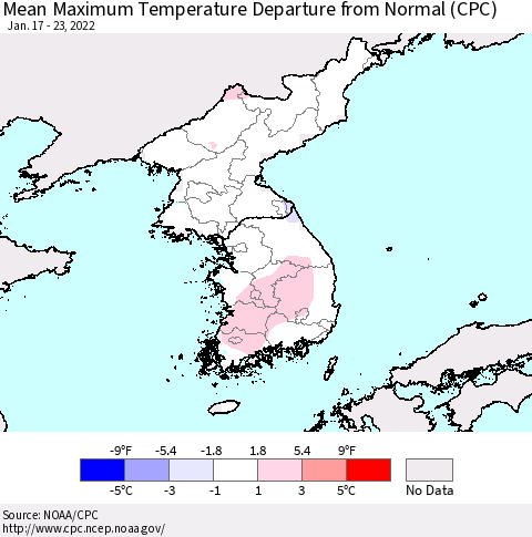 Korea Mean Maximum Temperature Departure from Normal (CPC) Thematic Map For 1/17/2022 - 1/23/2022
