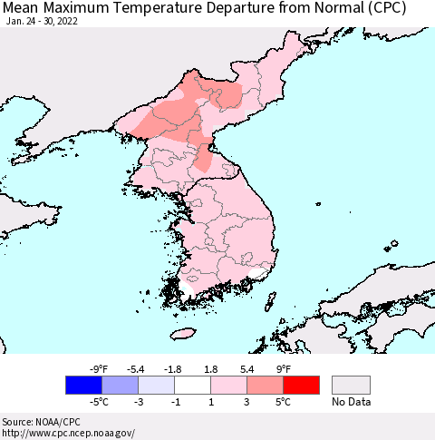 Korea Mean Maximum Temperature Departure from Normal (CPC) Thematic Map For 1/24/2022 - 1/30/2022