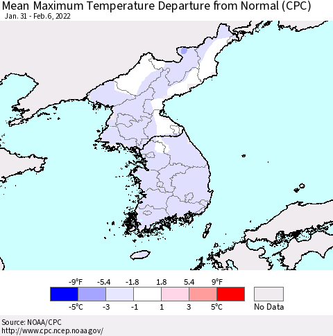 Korea Mean Maximum Temperature Departure from Normal (CPC) Thematic Map For 1/31/2022 - 2/6/2022