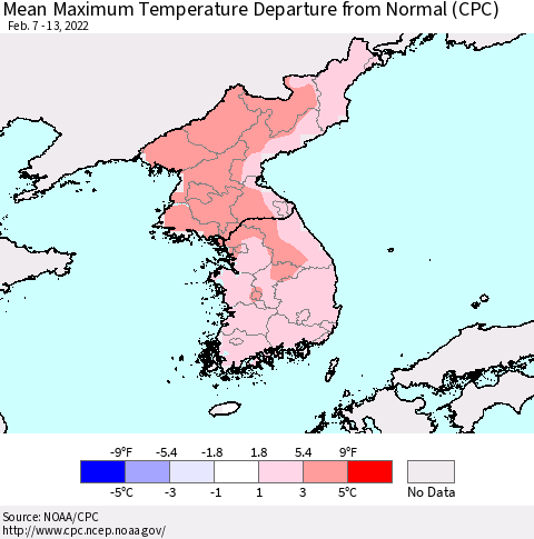 Korea Mean Maximum Temperature Departure from Normal (CPC) Thematic Map For 2/7/2022 - 2/13/2022
