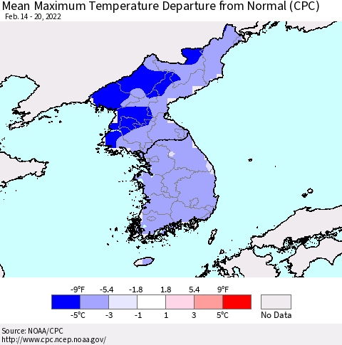 Korea Mean Maximum Temperature Departure from Normal (CPC) Thematic Map For 2/14/2022 - 2/20/2022