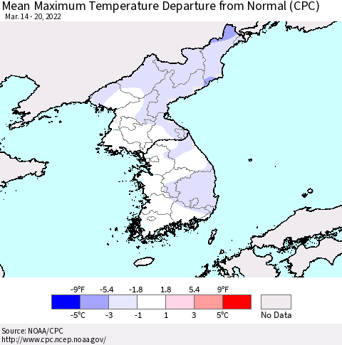 Korea Mean Maximum Temperature Departure from Normal (CPC) Thematic Map For 3/14/2022 - 3/20/2022