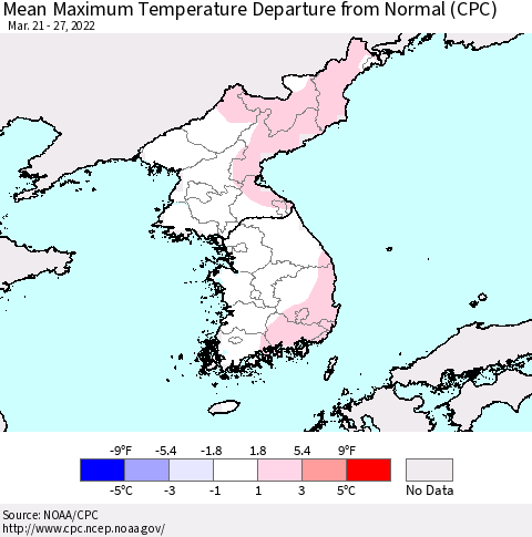Korea Mean Maximum Temperature Departure from Normal (CPC) Thematic Map For 3/21/2022 - 3/27/2022
