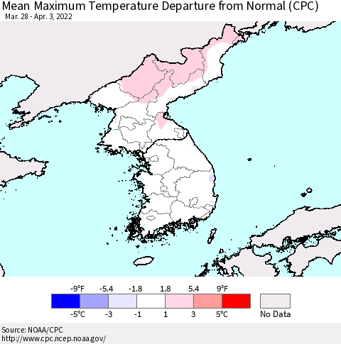 Korea Mean Maximum Temperature Departure from Normal (CPC) Thematic Map For 3/28/2022 - 4/3/2022