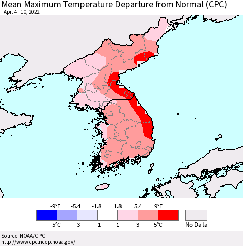 Korea Mean Maximum Temperature Departure from Normal (CPC) Thematic Map For 4/4/2022 - 4/10/2022
