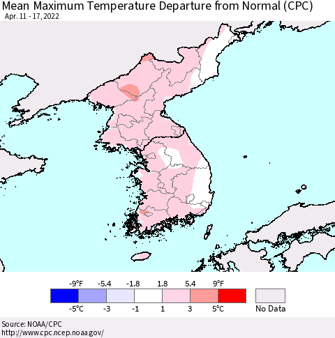 Korea Mean Maximum Temperature Departure from Normal (CPC) Thematic Map For 4/11/2022 - 4/17/2022