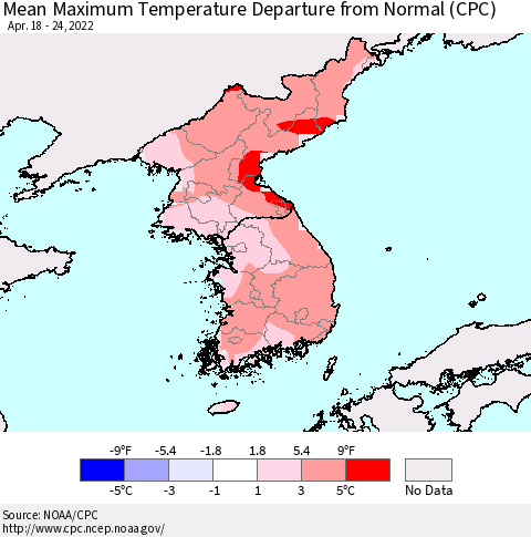 Korea Mean Maximum Temperature Departure from Normal (CPC) Thematic Map For 4/18/2022 - 4/24/2022