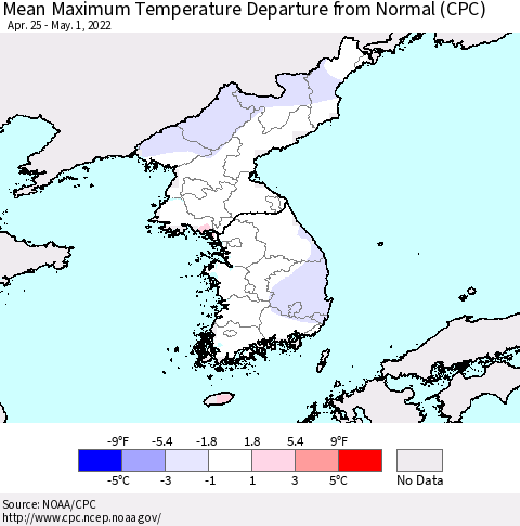Korea Mean Maximum Temperature Departure from Normal (CPC) Thematic Map For 4/25/2022 - 5/1/2022
