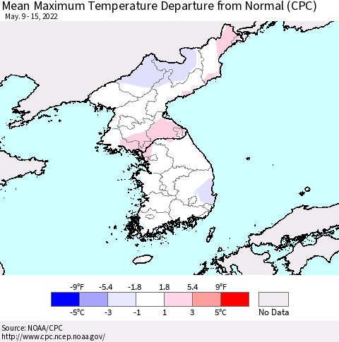 Korea Mean Maximum Temperature Departure from Normal (CPC) Thematic Map For 5/9/2022 - 5/15/2022
