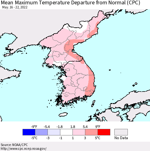 Korea Mean Maximum Temperature Departure from Normal (CPC) Thematic Map For 5/16/2022 - 5/22/2022