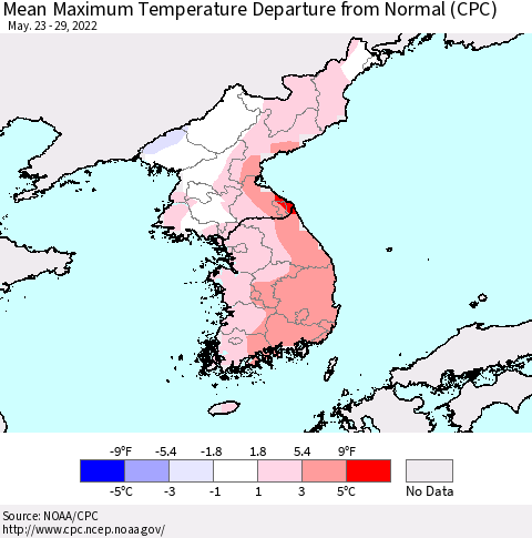 Korea Mean Maximum Temperature Departure from Normal (CPC) Thematic Map For 5/23/2022 - 5/29/2022