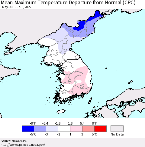 Korea Mean Maximum Temperature Departure from Normal (CPC) Thematic Map For 5/30/2022 - 6/5/2022