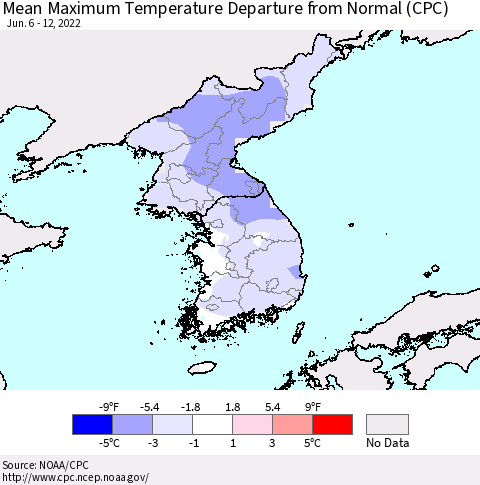 Korea Mean Maximum Temperature Departure from Normal (CPC) Thematic Map For 6/6/2022 - 6/12/2022