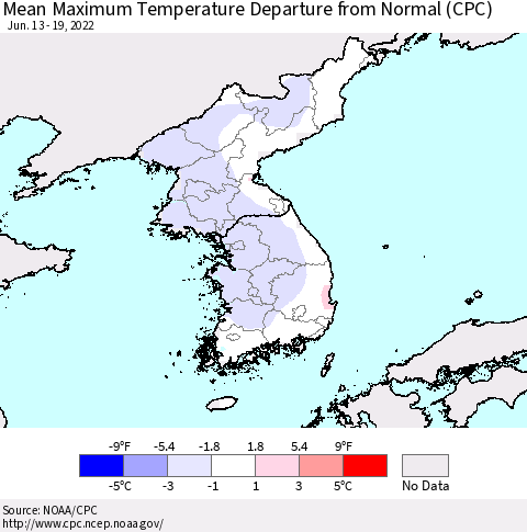 Korea Mean Maximum Temperature Departure from Normal (CPC) Thematic Map For 6/13/2022 - 6/19/2022