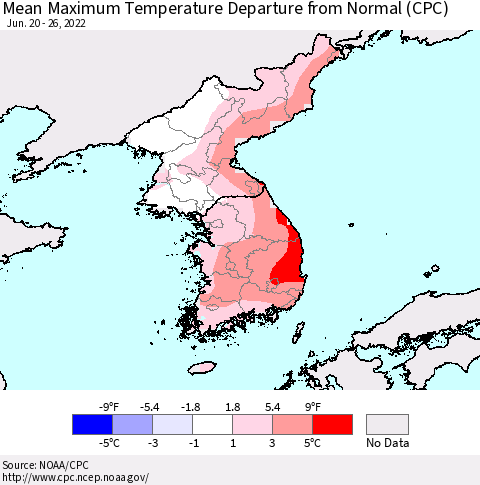 Korea Mean Maximum Temperature Departure from Normal (CPC) Thematic Map For 6/20/2022 - 6/26/2022
