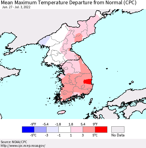 Korea Mean Maximum Temperature Departure from Normal (CPC) Thematic Map For 6/27/2022 - 7/3/2022