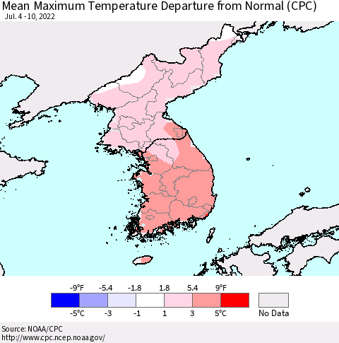 Korea Mean Maximum Temperature Departure from Normal (CPC) Thematic Map For 7/4/2022 - 7/10/2022