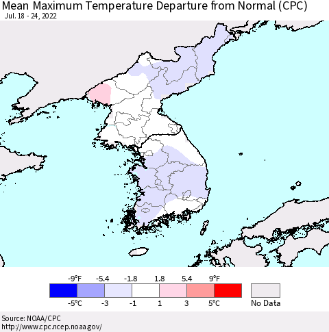 Korea Mean Maximum Temperature Departure from Normal (CPC) Thematic Map For 7/18/2022 - 7/24/2022