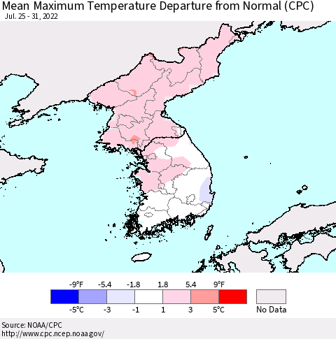 Korea Mean Maximum Temperature Departure from Normal (CPC) Thematic Map For 7/25/2022 - 7/31/2022