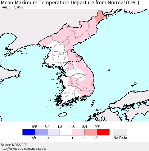 Korea Mean Maximum Temperature Departure from Normal (CPC) Thematic Map For 8/1/2022 - 8/7/2022