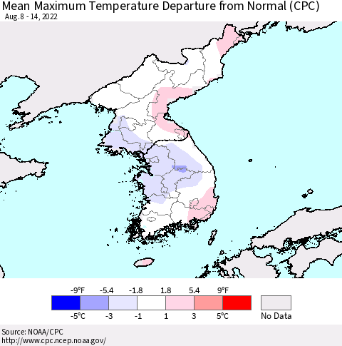 Korea Mean Maximum Temperature Departure from Normal (CPC) Thematic Map For 8/8/2022 - 8/14/2022