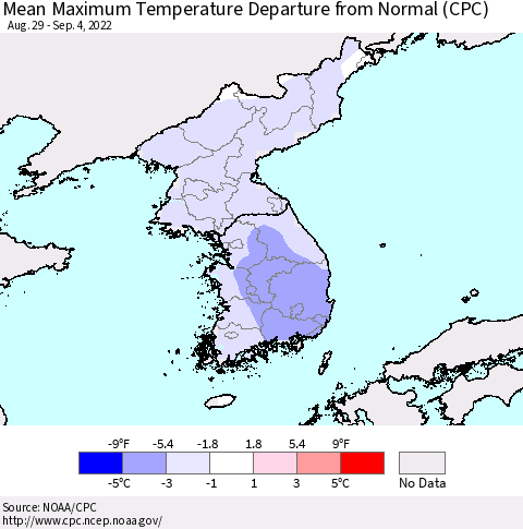 Korea Mean Maximum Temperature Departure from Normal (CPC) Thematic Map For 8/29/2022 - 9/4/2022