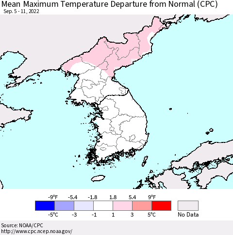 Korea Mean Maximum Temperature Departure from Normal (CPC) Thematic Map For 9/5/2022 - 9/11/2022