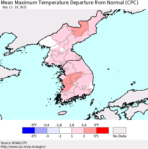 Korea Mean Maximum Temperature Departure from Normal (CPC) Thematic Map For 9/12/2022 - 9/18/2022