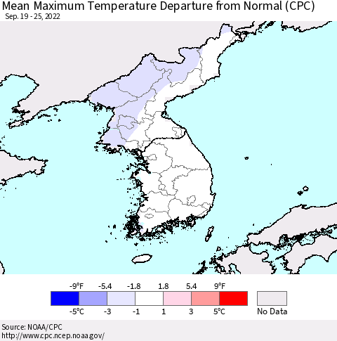 Korea Mean Maximum Temperature Departure from Normal (CPC) Thematic Map For 9/19/2022 - 9/25/2022