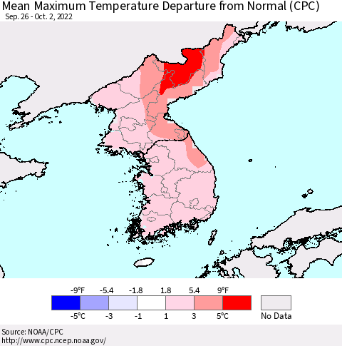 Korea Mean Maximum Temperature Departure from Normal (CPC) Thematic Map For 9/26/2022 - 10/2/2022