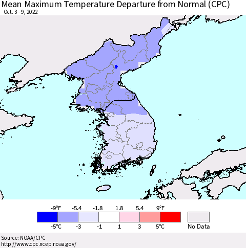 Korea Mean Maximum Temperature Departure from Normal (CPC) Thematic Map For 10/3/2022 - 10/9/2022
