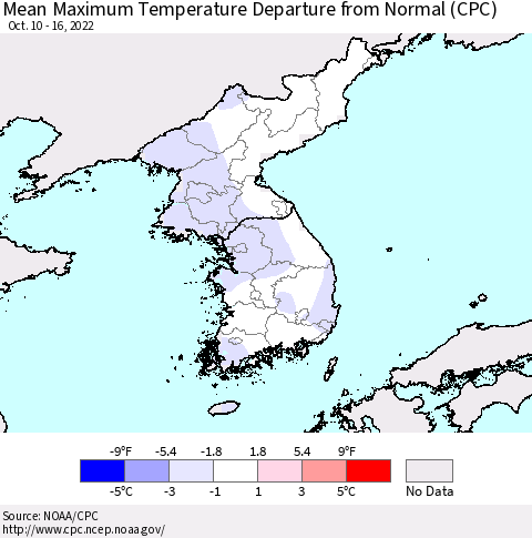 Korea Mean Maximum Temperature Departure from Normal (CPC) Thematic Map For 10/10/2022 - 10/16/2022