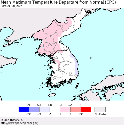 Korea Mean Maximum Temperature Departure from Normal (CPC) Thematic Map For 10/24/2022 - 10/30/2022