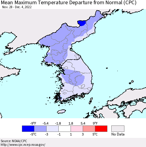 Korea Mean Maximum Temperature Departure from Normal (CPC) Thematic Map For 11/28/2022 - 12/4/2022