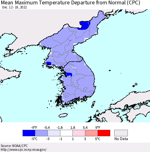 Korea Mean Maximum Temperature Departure from Normal (CPC) Thematic Map For 12/12/2022 - 12/18/2022