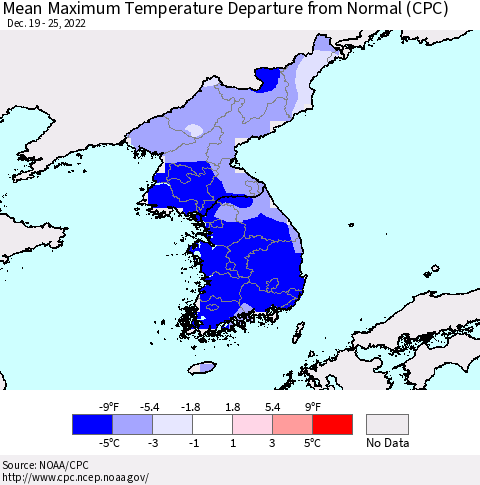 Korea Mean Maximum Temperature Departure from Normal (CPC) Thematic Map For 12/19/2022 - 12/25/2022