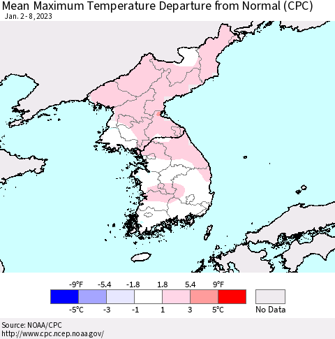 Korea Mean Maximum Temperature Departure from Normal (CPC) Thematic Map For 1/2/2023 - 1/8/2023