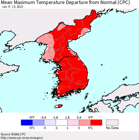 Korea Mean Maximum Temperature Departure from Normal (CPC) Thematic Map For 1/9/2023 - 1/15/2023
